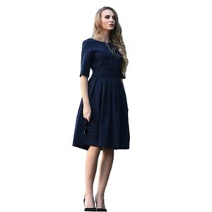 Ecaille Paris, Ariana Navy Women's Dress Sheath With Beautiful Pleating, Size 10